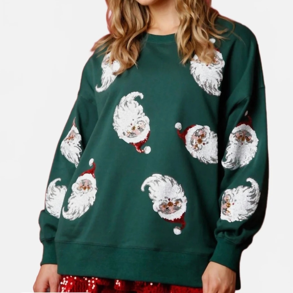 Fantastic Fawn Sequin Santa Green Oversized Holiday Sweatshirt, Size Small